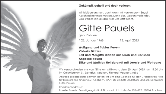 Traueranzeige von Gitte Pauels von Aachener Zeitung
