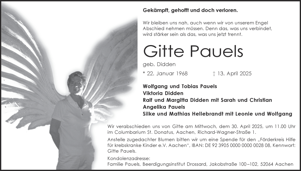  Traueranzeige für Gitte Pauels vom 19.04.2025 aus Aachener Zeitung