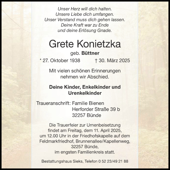 Traueranzeige von Grete Konietzka von Zeitung am Sonntag