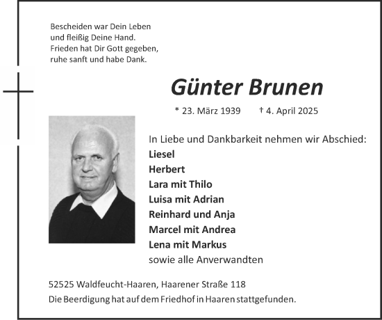 Traueranzeige von Günter Brunen von Zeitung am Sonntag