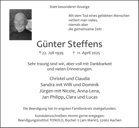 Traueranzeige von Günter Steffens von Zeitung am Sonntag