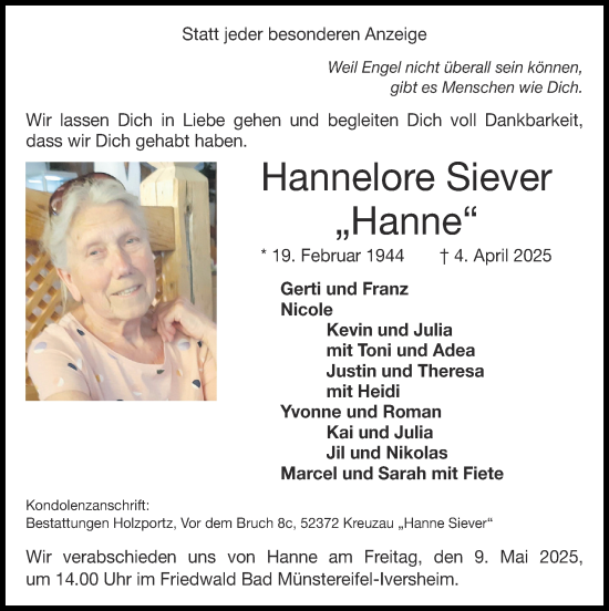 Traueranzeige von Hannelore Siever von Zeitung am Sonntag