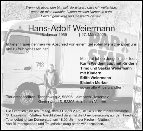 Traueranzeige von Hans-Adolf Weiermann von Zeitung am Sonntag
