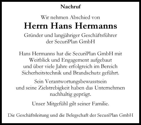 Traueranzeige von Hans Hermanns von Zeitung am Sonntag