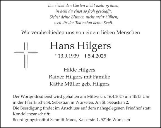 Traueranzeige von Hans Hilgers von Zeitung am Sonntag