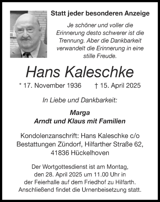 Traueranzeige von Hans Kaleschke von Zeitung am Sonntag
