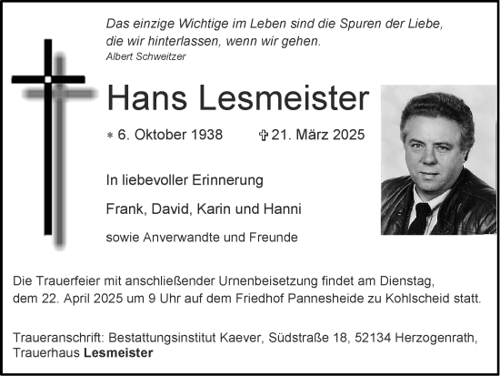 Traueranzeige von Hans Lesmeister von Zeitung am Sonntag