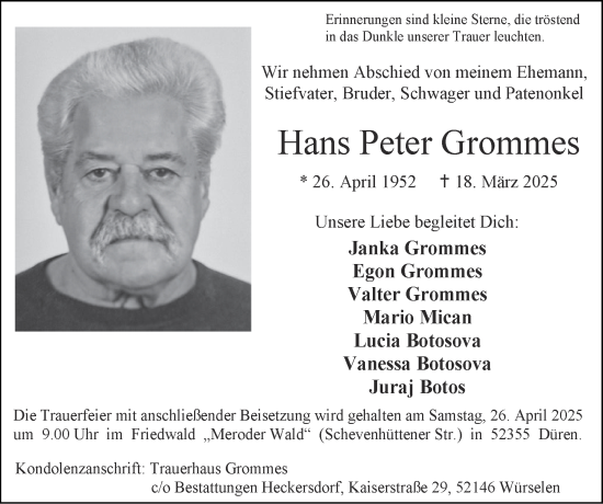 Traueranzeige von Hans Peter Grommes von Zeitung am Sonntag