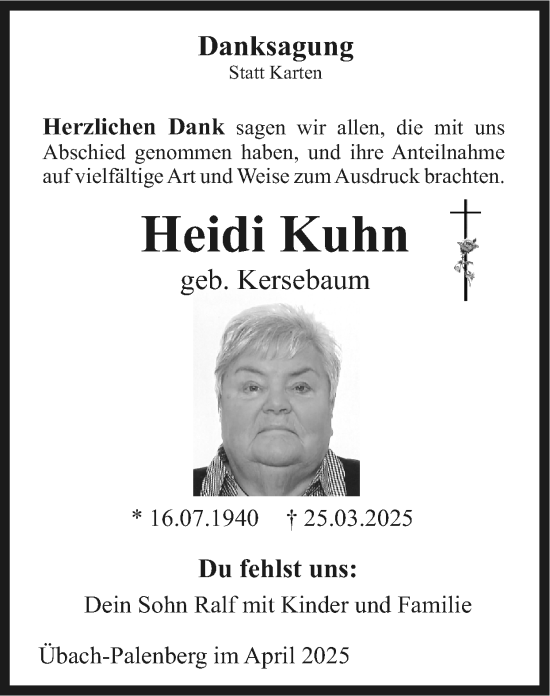 Traueranzeige von Heidi Kuhn von Zeitung am Sonntag