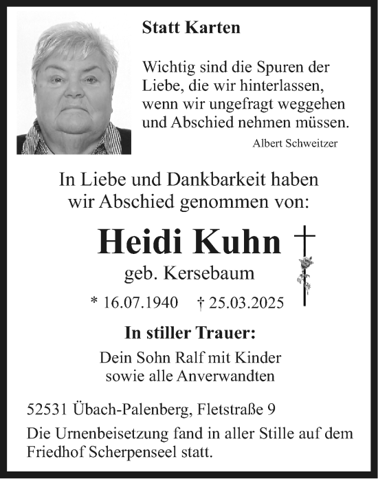 Traueranzeige von Heidi Kuhn von Zeitung am Sonntag