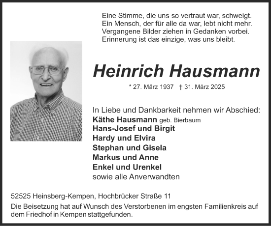 Traueranzeige von Heinrich Hausmann von Zeitung am Sonntag