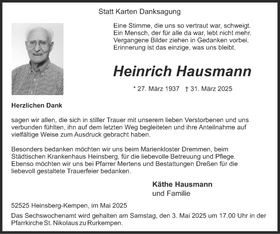 Traueranzeige von Heinrich Hausmann von Zeitung am Sonntag