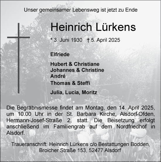 Traueranzeige von Heinrich Lürkens von Zeitung am Sonntag