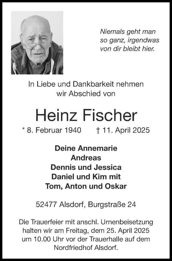 Traueranzeige von Heinz Fischer von Zeitung am Sonntag