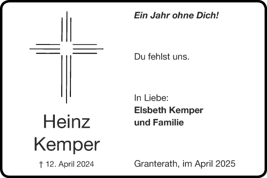 Traueranzeige von Heinz Kemper von Zeitung am Sonntag