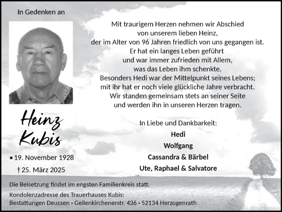 Traueranzeige von Heinz Kubis von Zeitung am Sonntag