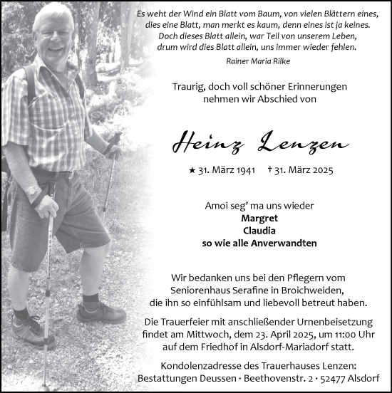 Traueranzeige von Heinz Lenzen von Zeitung am Sonntag
