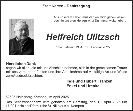 Traueranzeige von Helfreich Ulitzsch von Zeitung am Sonntag