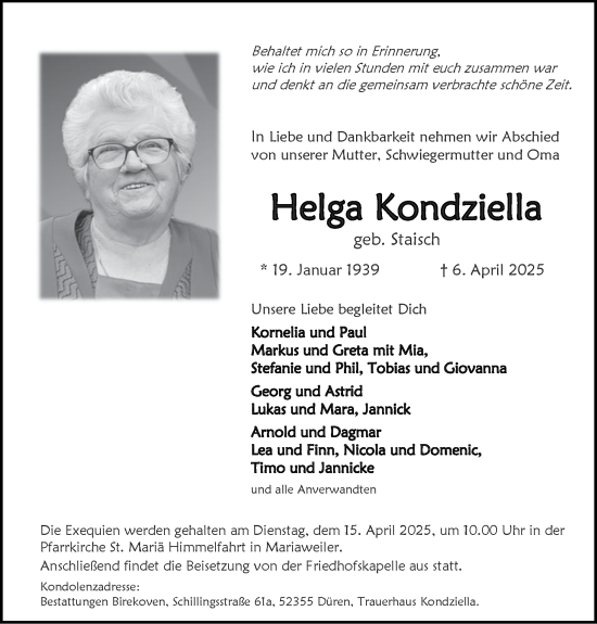 Traueranzeige von Helga Kondziella von Zeitung am Sonntag