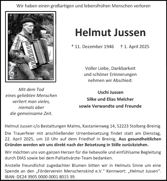 Traueranzeige von Helmut Jussen von Zeitung am Sonntag