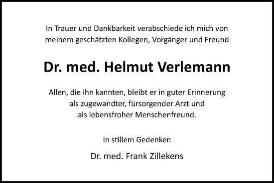 Traueranzeige von Helmut Verlemann von Zeitung am Sonntag
