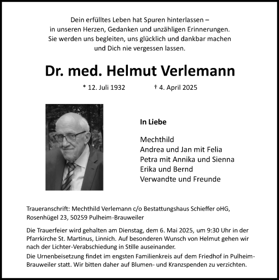 Traueranzeige von Helmut Verlemann von Zeitung am Sonntag