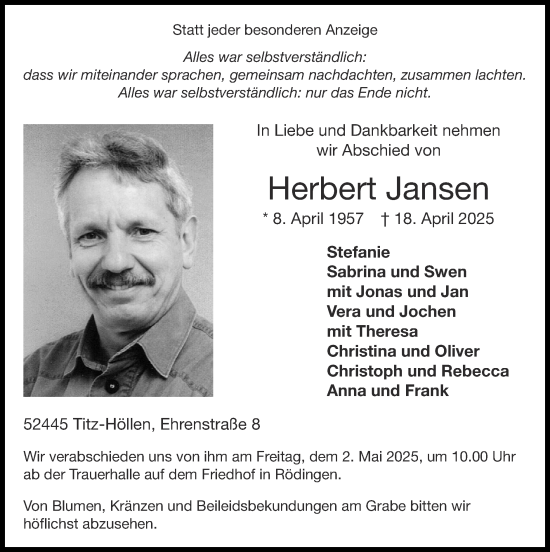 Traueranzeige von Herbert Jansen von Zeitung am Sonntag