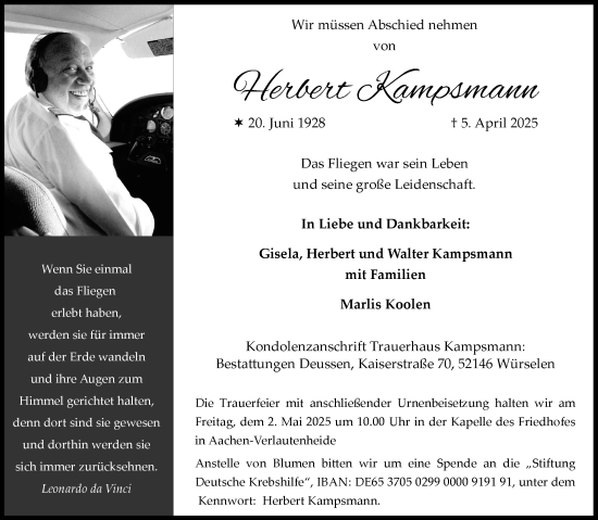 Traueranzeige von Herbert Kampsmann von Aachener Zeitung