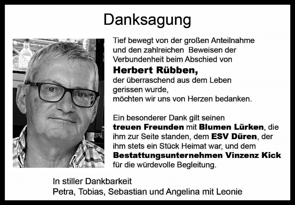  Traueranzeige für Herbert Rübben vom 20.04.2025 aus Zeitung am Sonntag