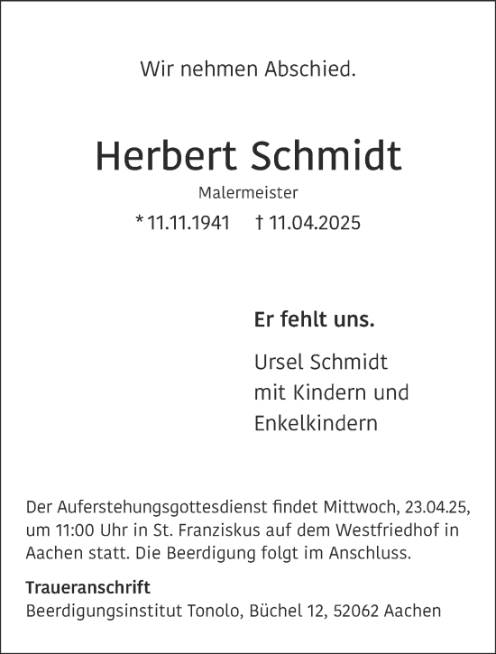 Traueranzeige von Herbert Schmidt von Aachener Zeitung