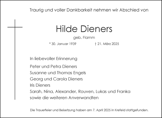 Traueranzeige von Hilde Dieners von Aachener Zeitung