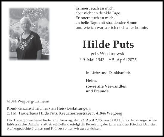 Traueranzeige von Hilde Puts von Zeitung am Sonntag