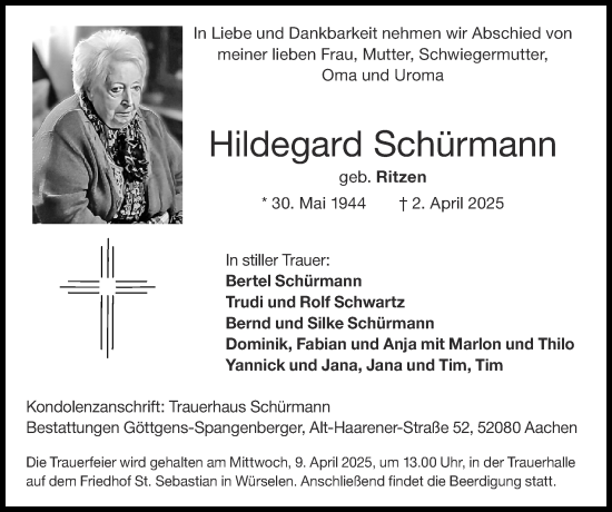 Traueranzeige von Hildegard Schürmann von Zeitung am Sonntag