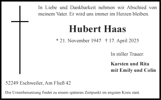 Traueranzeige von Hubert Haas von Zeitung am Sonntag