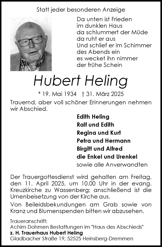 Traueranzeige von Hubert Heling von Zeitung am Sonntag