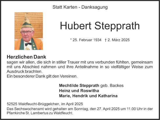 Traueranzeige von Hubert Stepprath von Zeitung am Sonntag