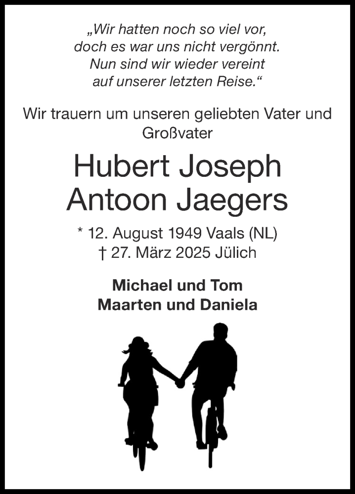  Traueranzeige für Hubert Joseph Antoon Jaegers vom 06.04.2025 aus Zeitung am Sonntag