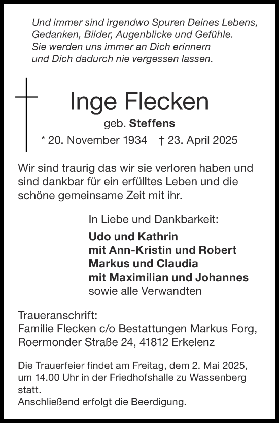Traueranzeige von Inge Flecken von Zeitung am Sonntag