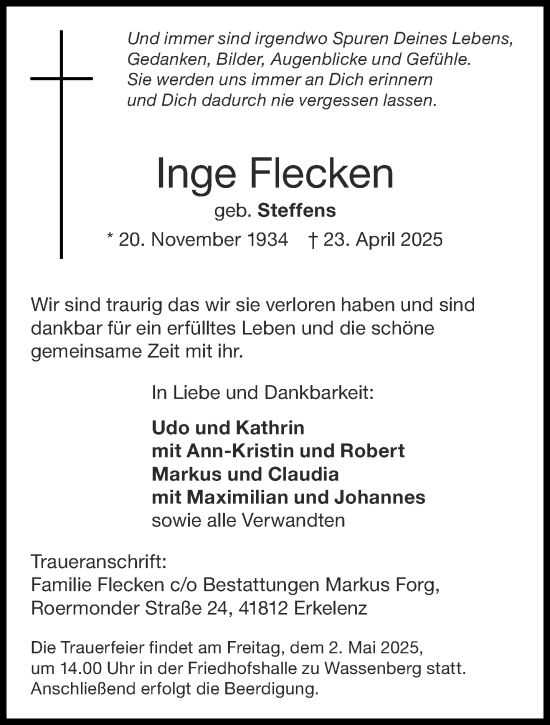 Traueranzeige von Inge Flecken von Aachener Zeitung