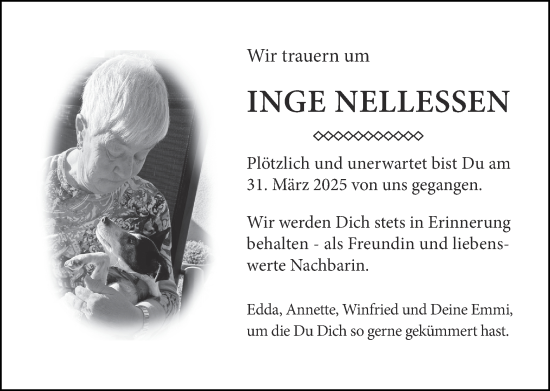 Traueranzeige von Inge Nellessen von Zeitung am Sonntag