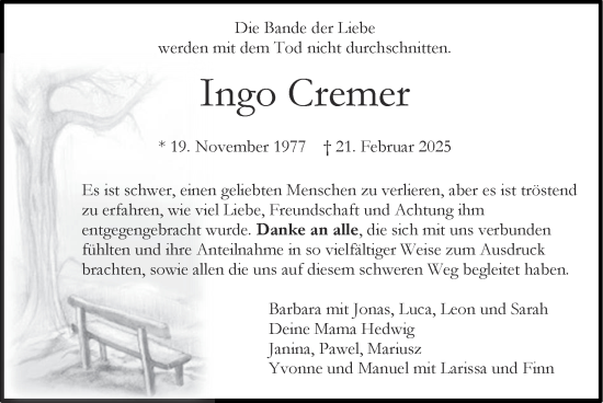 Traueranzeige von Ingo Cremer von Zeitung am Sonntag