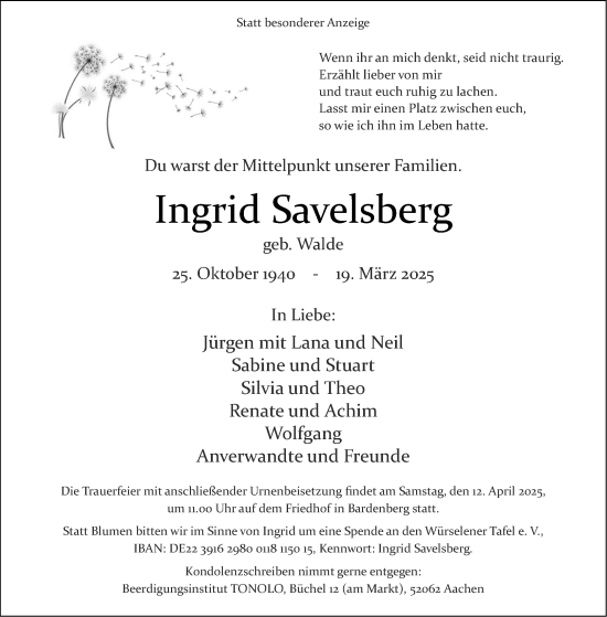 Traueranzeige von Ingrid Savelsberg von Aachener Zeitung