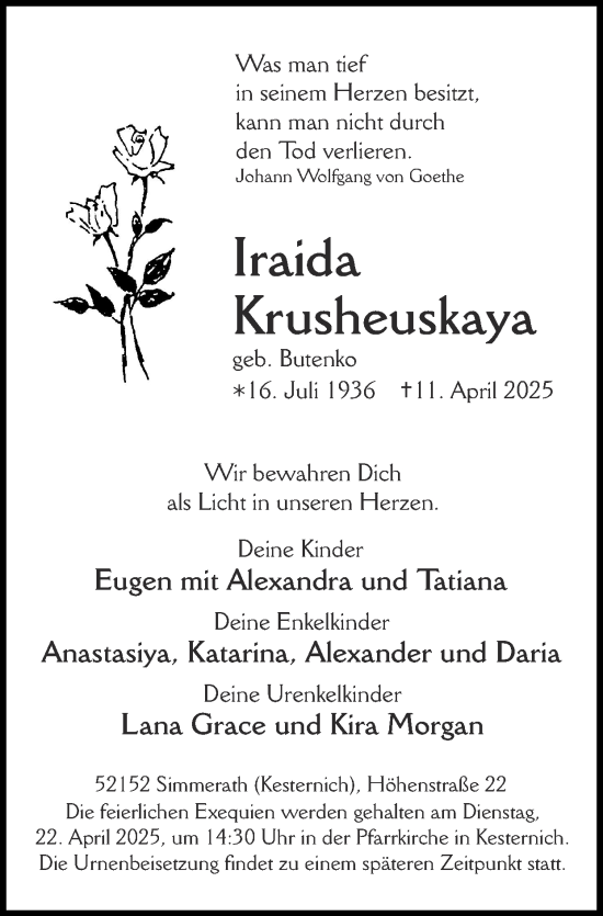 Traueranzeige von Iraida Krusheuskaya von Zeitung am Sonntag
