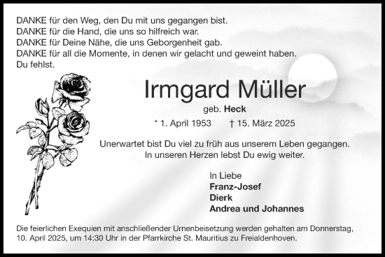 Traueranzeige von Irmgard Müller von Zeitung am Sonntag