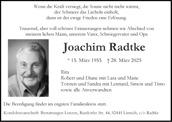 Traueranzeige von Joachim Radtke von Zeitung am Sonntag