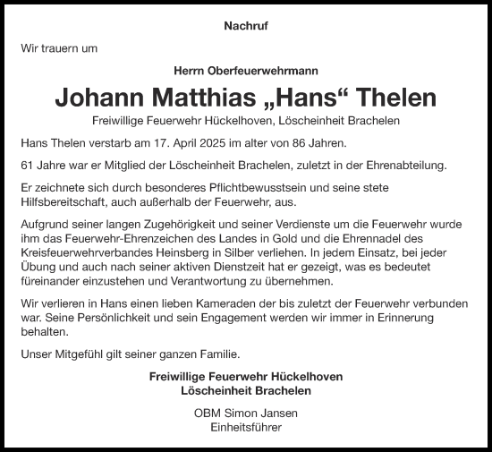 Traueranzeige von Johann Matthias Thelen von Zeitung am Sonntag