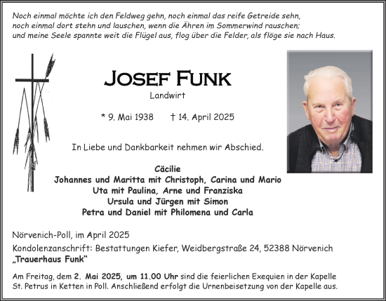 Traueranzeige von Josef Funk von Zeitung am Sonntag