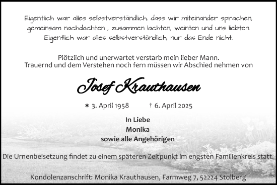 Traueranzeige von Josef Krauthausen von Zeitung am Sonntag