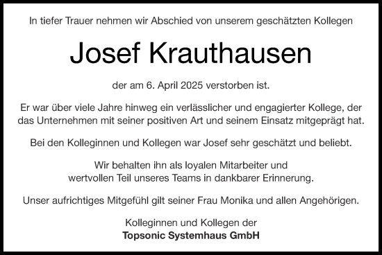 Traueranzeige von Josef Krauthausen von Zeitung am Sonntag