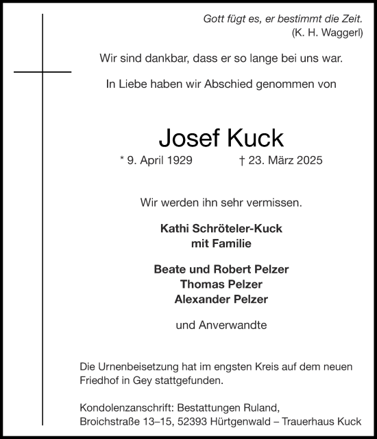 Traueranzeige von Josef Kuck von Aachener Zeitung